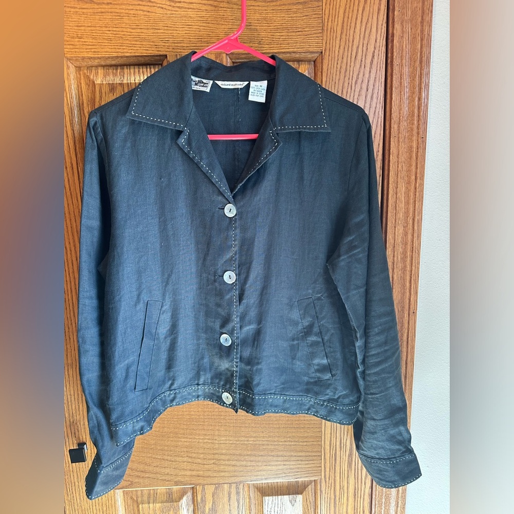 Irish Linen Richard Malcolm Jacket Blazer Black White Pearl Buttons Sz M medium - Picture 1 of 13